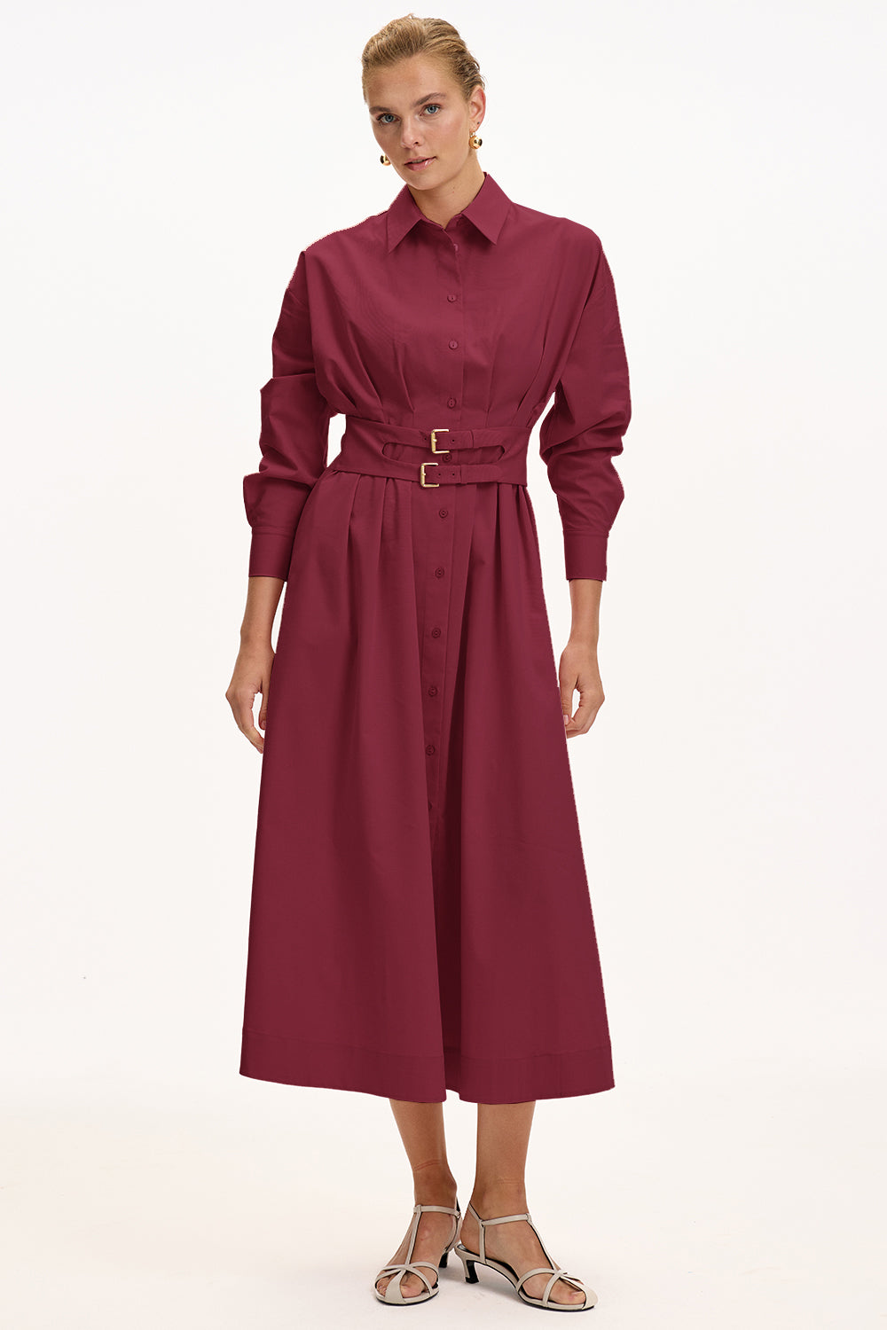 Bele Oturan Kemer Detaylı Regular Midi Vişne Gömlek Elbise