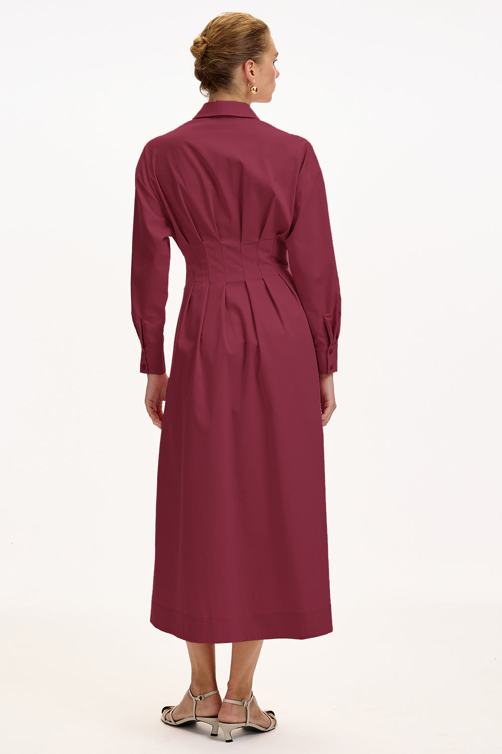 Bele Oturan Kemer Detaylı Regular Midi Vişne Gömlek Elbise