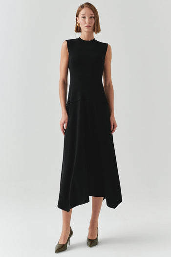 Bisiklet Yaka Triko Garnili Asimetrik Kesim Slim Fit Midi Siyah Elbise
