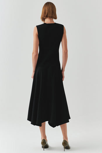 Bisiklet Yaka Triko Garnili Asimetrik Kesim Slim Fit Midi Siyah Elbise