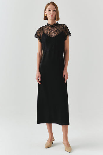 Dantel Detaylı Kısa Kollu Regular Saten Midi Siyah Elbise