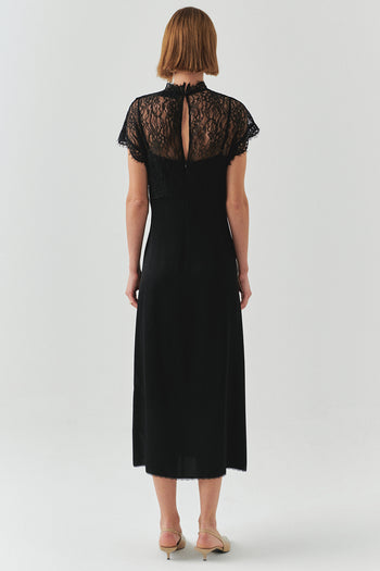 Dantel Detaylı Kısa Kollu Regular Saten Midi Siyah Elbise