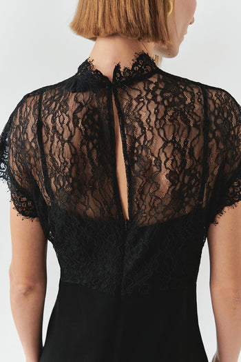 Dantel Detaylı Kısa Kollu Regular Saten Midi Siyah Elbise