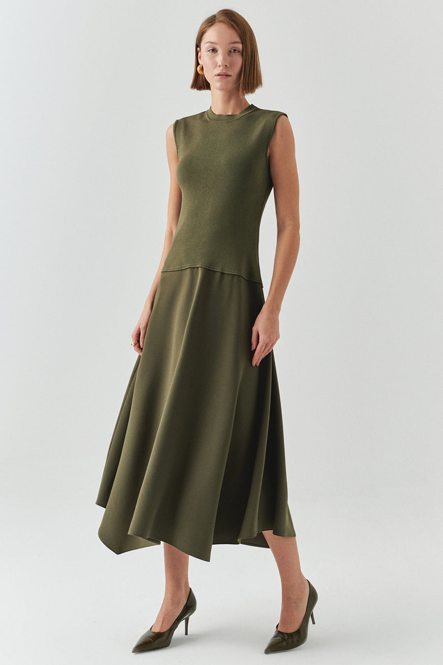 Bisiklet Yaka Triko Garnili Asimetrik Kesim Slim Fit Midi Haki Elbise
