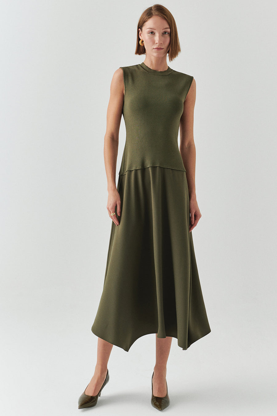 Bisiklet Yaka Triko Garnili Asimetrik Kesim Slim Fit Midi Haki Elbise