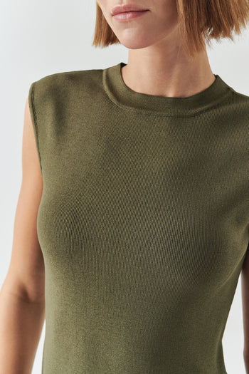 Bisiklet Yaka Triko Garnili Asimetrik Kesim Slim Fit Midi Haki Elbise