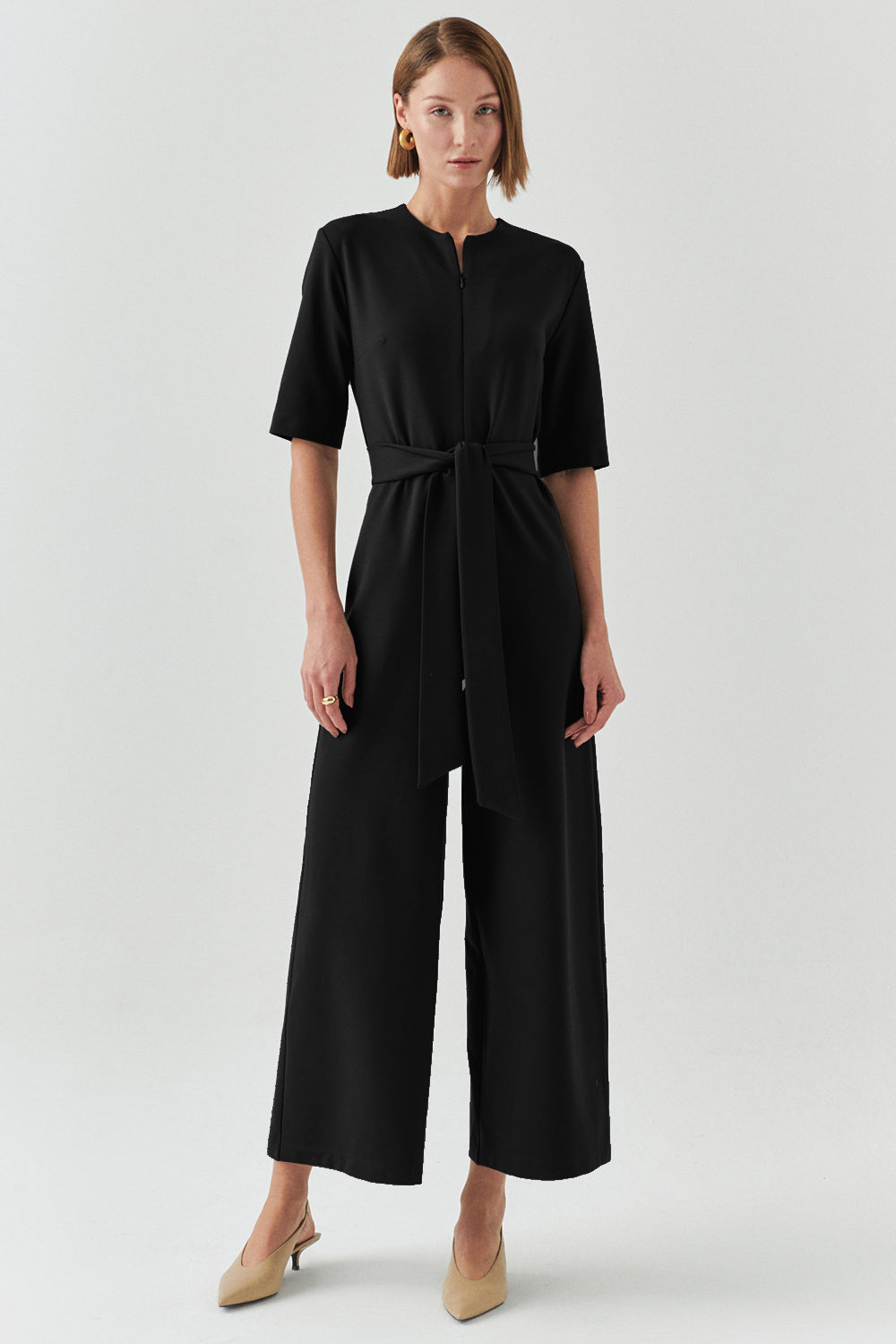 Kuşaklı Kısa Kollu Fermuar Kapamalı Örme Slim Fit Siyah Tulum