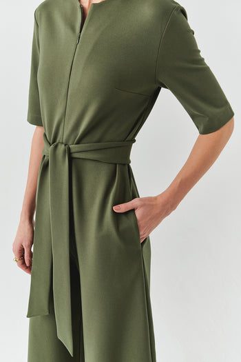 Kuşaklı Kısa Kollu Fermuar Kapamalı Örme Slim Fit Haki Tulum