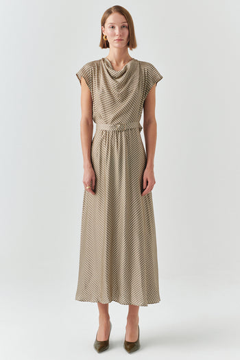 Desenli Degaje Yaka Kemerli Kolsuz Slim Fit Midi Elbise