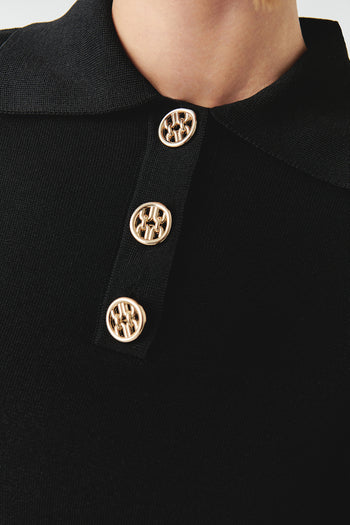 Gömlek Yaka Düğmeli Kısa Kollu Slim Fit Siyah Triko Bluz