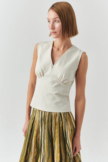 V Yaka Kolsuz Slim Fit Örme Krem Bluz