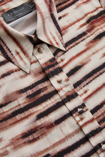Desenli Gömlek Yaka Slim Fit Uzun Kollu Midi Elbise