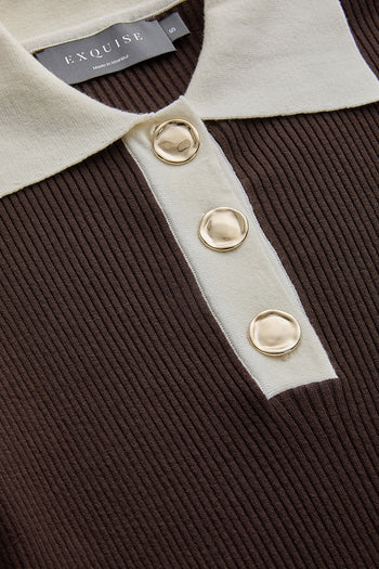 Uzun Kollu Kontrast Yaka Slim Fit Triko Kahve Bluz