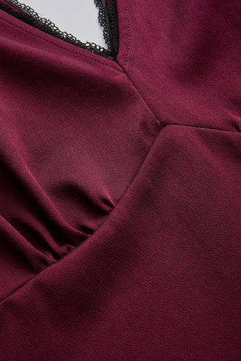 V Yaka Slim Fit Saten Görünümlü Vişne Bluz