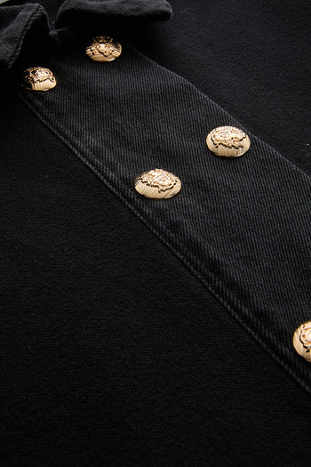 Gold Düğme Detaylı Regular Siyah Denim Garnili Triko Hırka