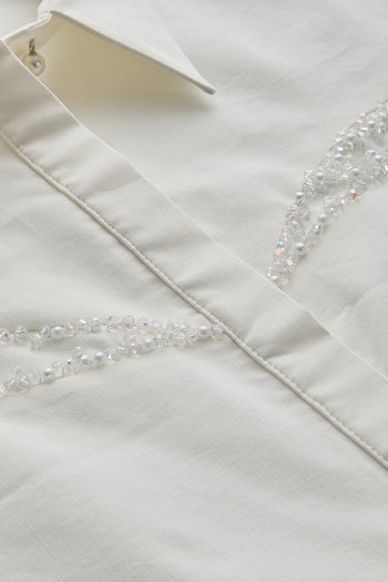 Pamuklu Uzun Kol Kristal Taşlı Slim Fit Kemik Gömlek
