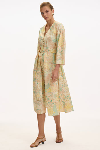 V Yaka Uzun Kollu Düğmeli Kuşaklı Regular Midi Çok Renkli Elbise