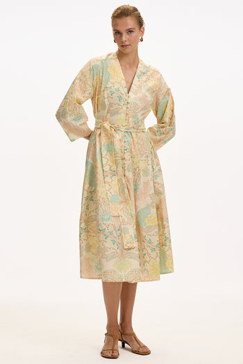 V Yaka Uzun Kollu Düğmeli Kuşaklı Regular Midi Çok Renkli Elbise