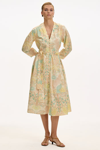 V Yaka Uzun Kollu Düğmeli Kuşaklı Regular Midi Çok Renkli Elbise