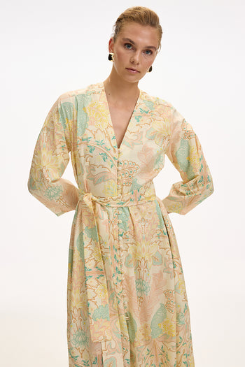 V Yaka Uzun Kollu Düğmeli Kuşaklı Regular Midi Çok Renkli Elbise