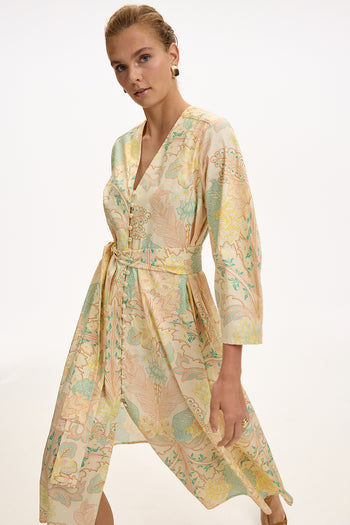 V Yaka Uzun Kollu Düğmeli Kuşaklı Regular Midi Çok Renkli Elbise