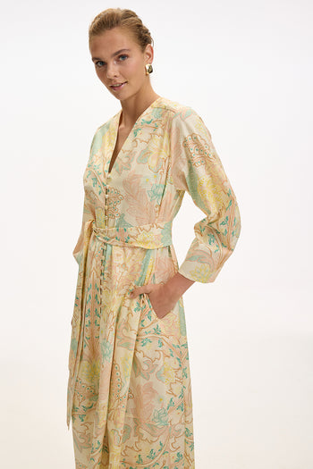 V Yaka Uzun Kollu Düğmeli Kuşaklı Regular Midi Çok Renkli Elbise