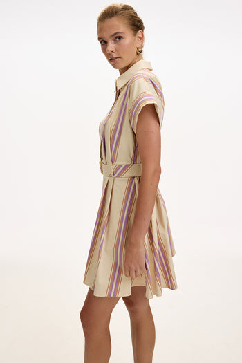 Gömlek Yaka Kısa Kollu Kemerli Cepli Regular Mini Çok Renkli Elbise