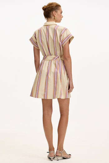 Gömlek Yaka Kısa Kollu Kemerli Cepli Regular Mini Çok Renkli Elbise