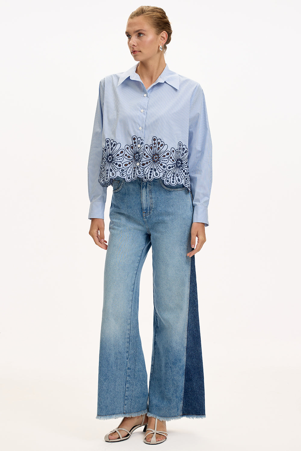 Gömlek Yaka Manşetli Brodeli Regular Crop Mavi Beyaz Gömlek