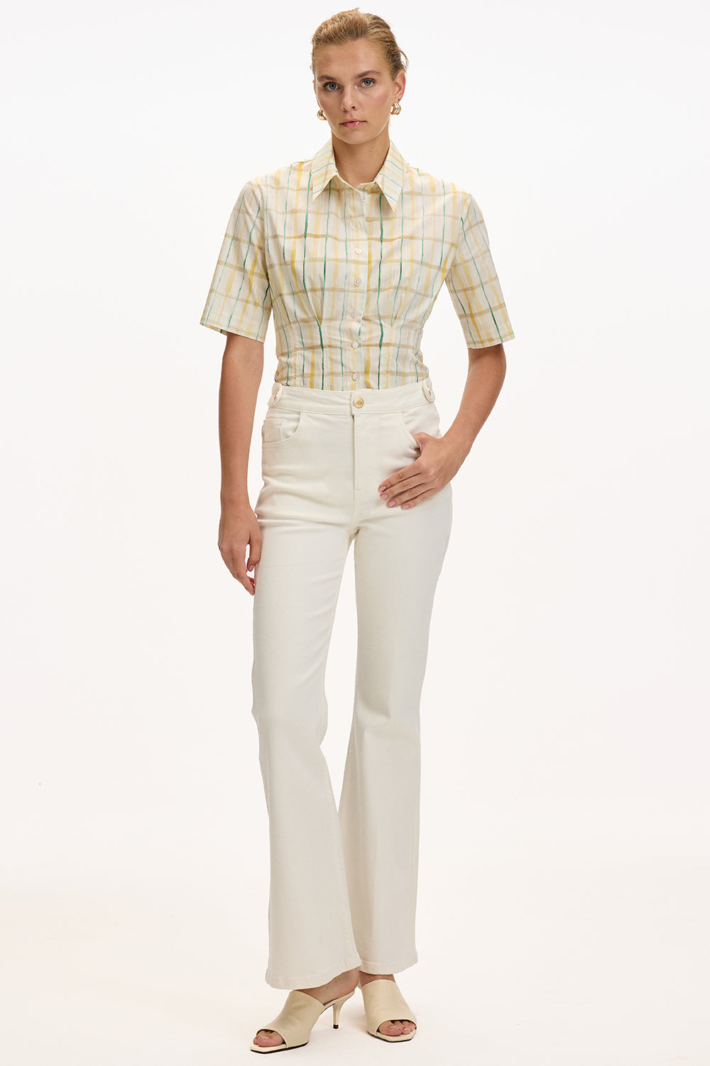 Cepli İspanyol Paça Yüksek Bel Regular Denim Beyaz Pantolon