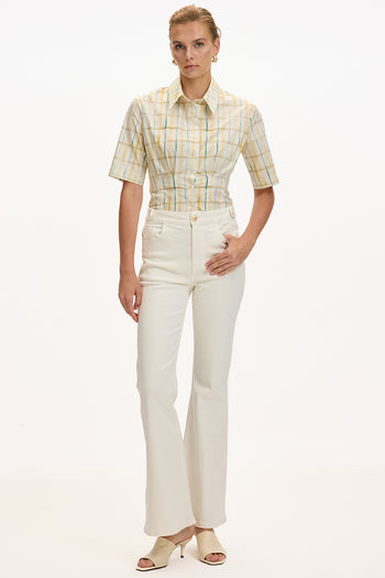 Cepli İspanyol Paça Yüksek Bel Regular Denim Beyaz Pantolon