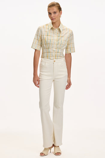 Cepli İspanyol Paça Yüksek Bel Regular Denim Beyaz Pantolon