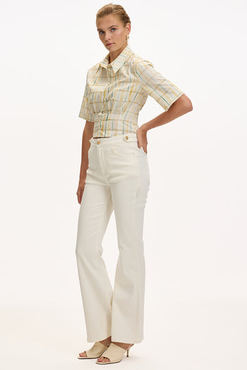 Cepli İspanyol Paça Yüksek Bel Regular Denim Beyaz Pantolon