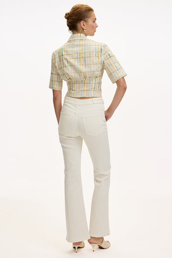 Cepli İspanyol Paça Yüksek Bel Regular Denim Beyaz Pantolon