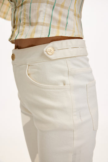 Cepli İspanyol Paça Yüksek Bel Regular Denim Beyaz Pantolon