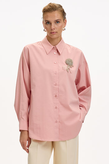 Çiçek Taş İşlemeli Uzun Kollu Regular Gül Kurusu Gömlek