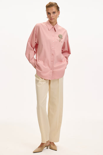 Çiçek Taş İşlemeli Uzun Kollu Regular Gül Kurusu Gömlek