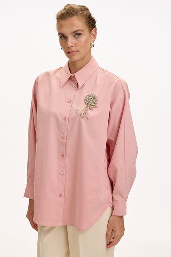 Çiçek Taş İşlemeli Uzun Kollu Regular Gül Kurusu Gömlek
