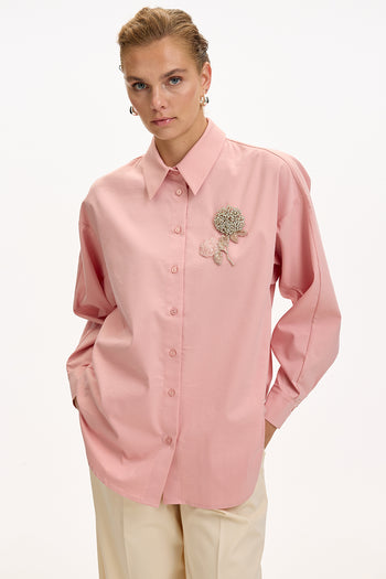 Çiçek Taş İşlemeli Uzun Kollu Regular Gül Kurusu Gömlek