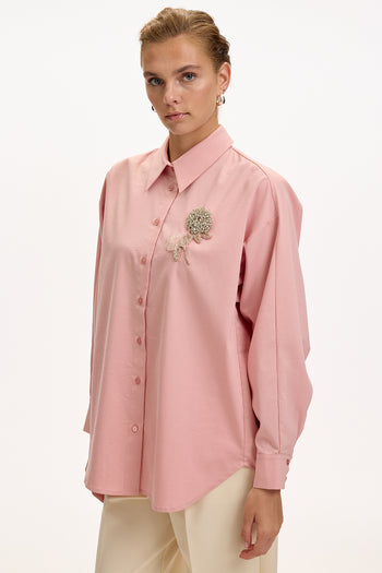 Çiçek Taş İşlemeli Uzun Kollu Regular Gül Kurusu Gömlek