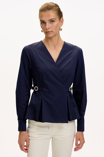 Kruvaze Yaka Uzun Kollu Slim Fit Lacivert Gömlek