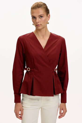 Kruvaze Yaka Uzun Kollu Slim Fit Bordo Gömlek