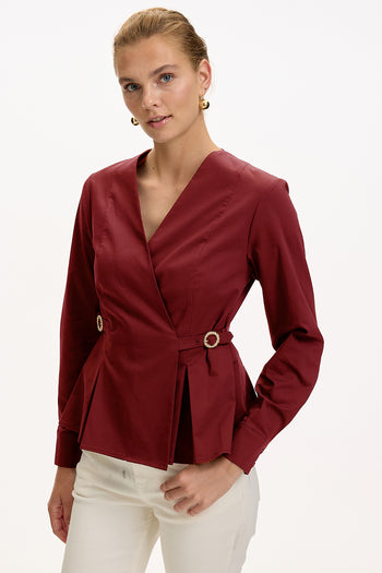 Kruvaze Yaka Uzun Kollu Slim Fit Bordo Gömlek