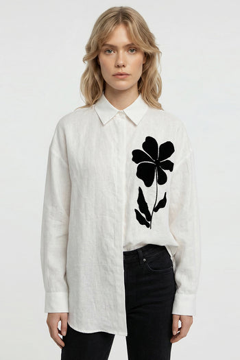 Gömlek Yakalı Uzun Kollu Aplike Nakışlı Keten Regular Beyaz Gömlek