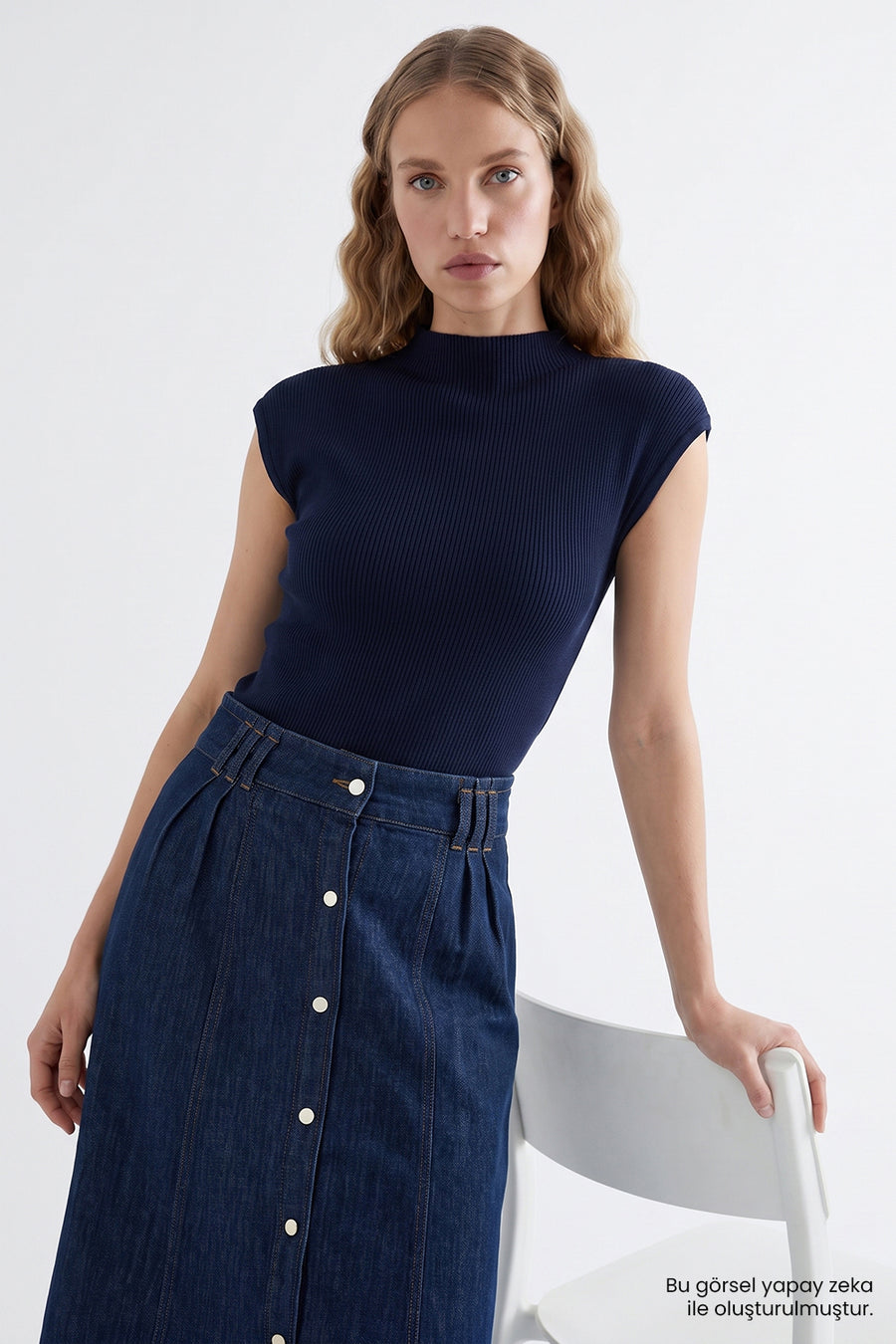 Yüksek Bel Kuşaklı Regular Denim Mavi Midi Etek