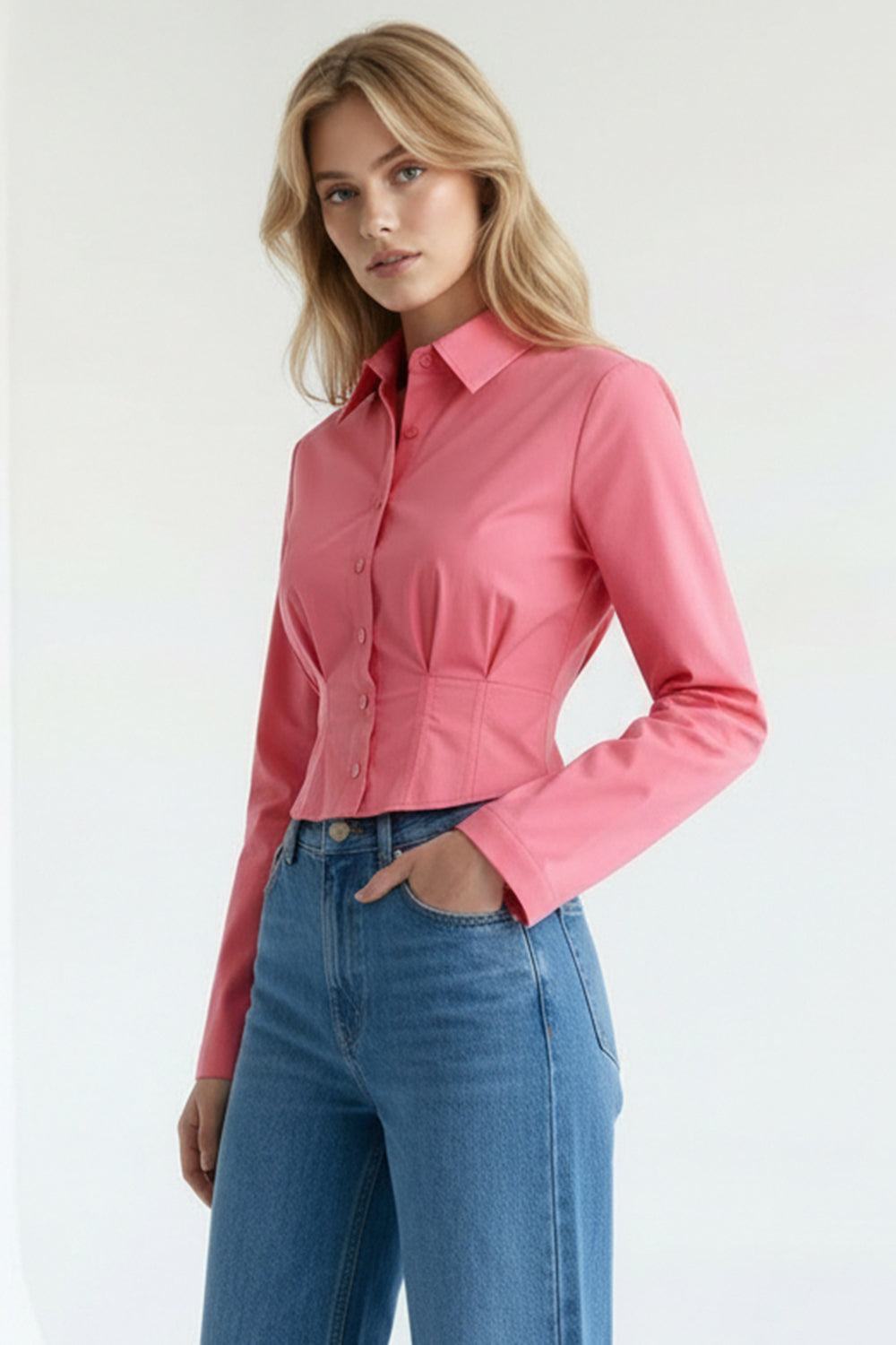 Gömlek Yaka Uzun Kollu Pile Detaylı Crop Regular Pembe Gömlek