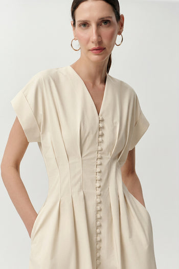 V Yaka Kısa Kollu Düğmeli Regular Midi Kemik Elbise