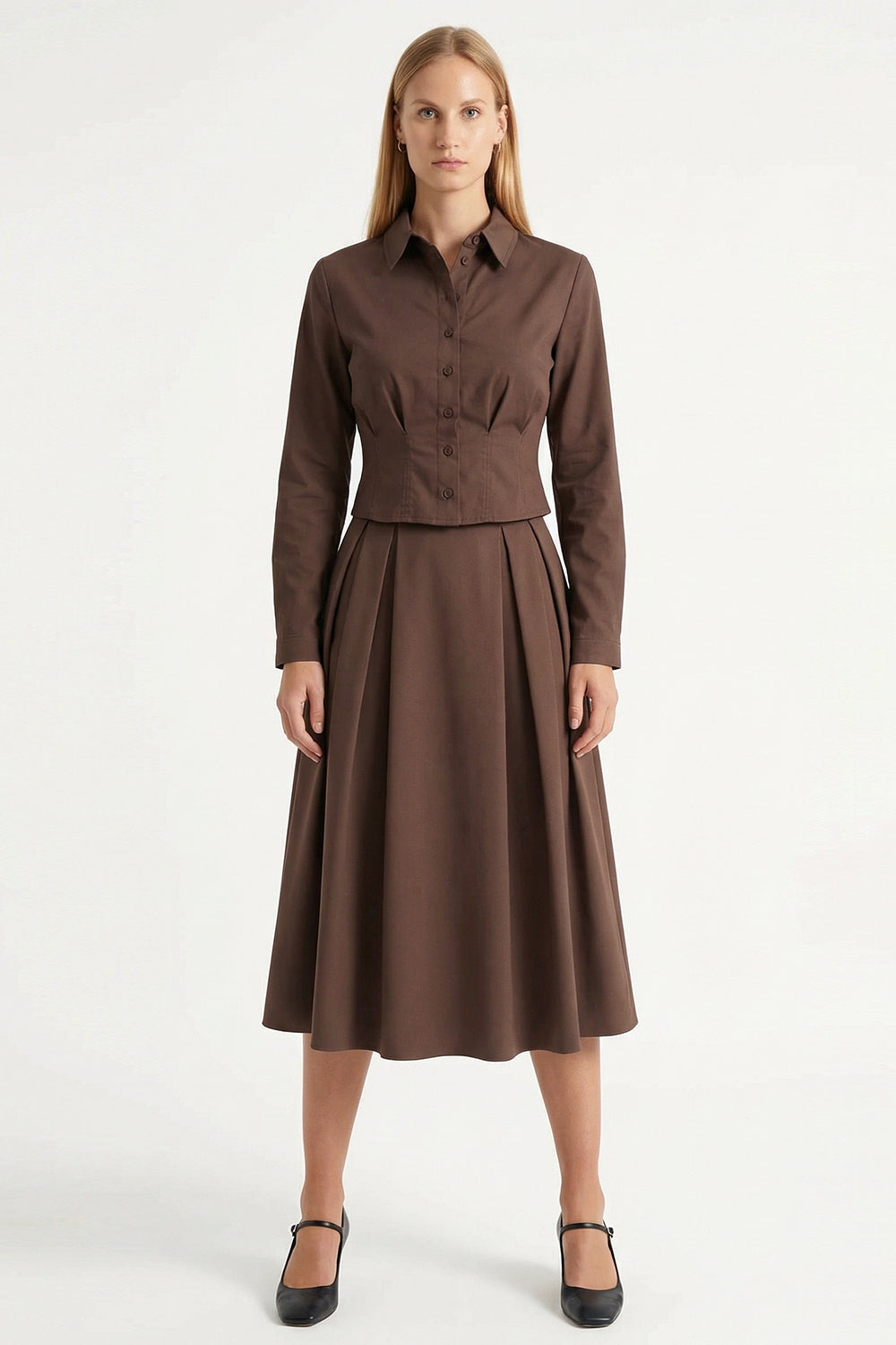 Gömlek Yaka Uzun Kollu Pile Detaylı Crop Regular Kahve Gömlek