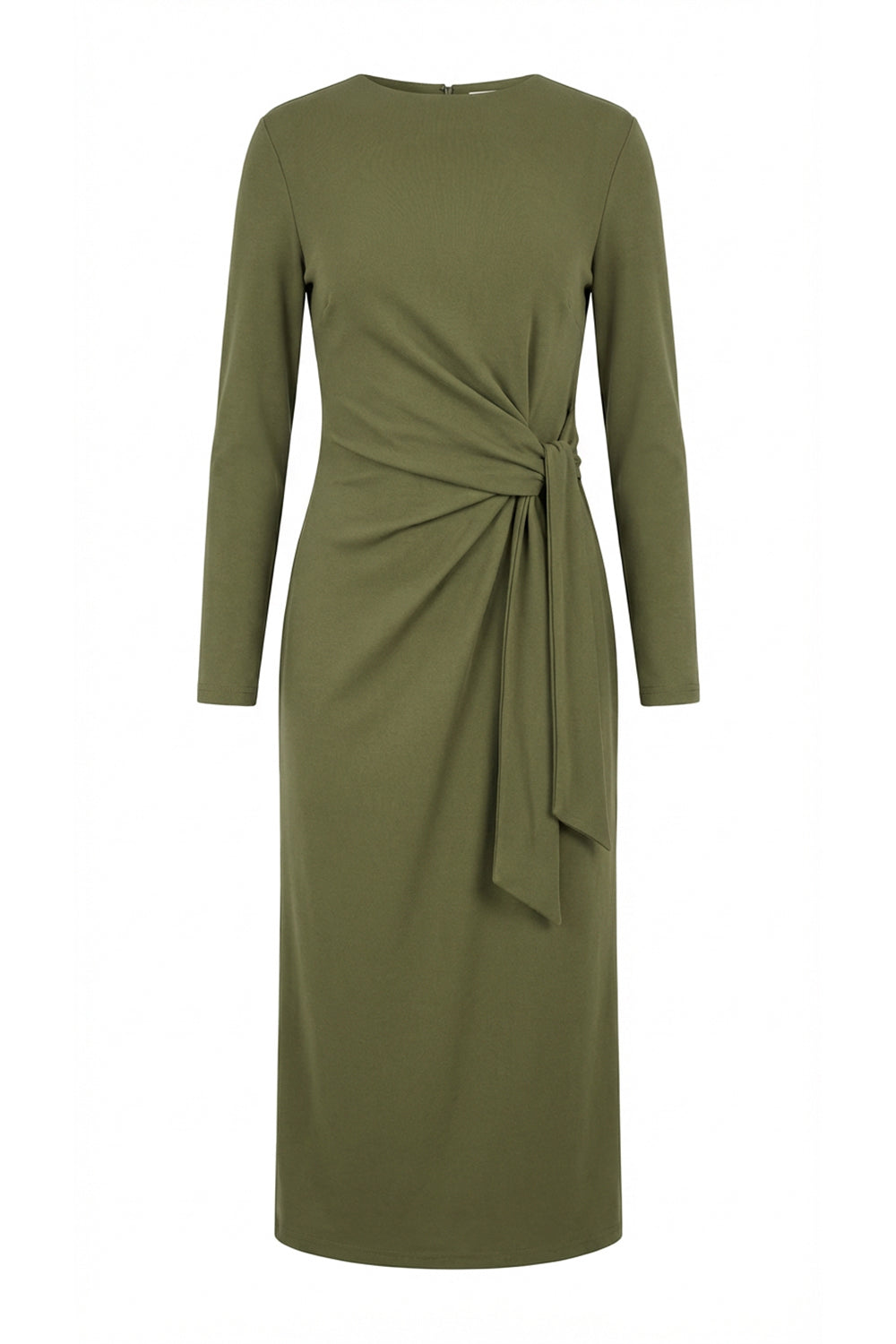 Bisiklet Yaka Fermuarlı Belden Bağlamalı Regular Örme Haki Elbise