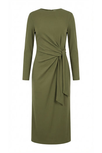 Bisiklet Yaka Fermuarlı Belden Bağlamalı Regular Örme Haki Elbise